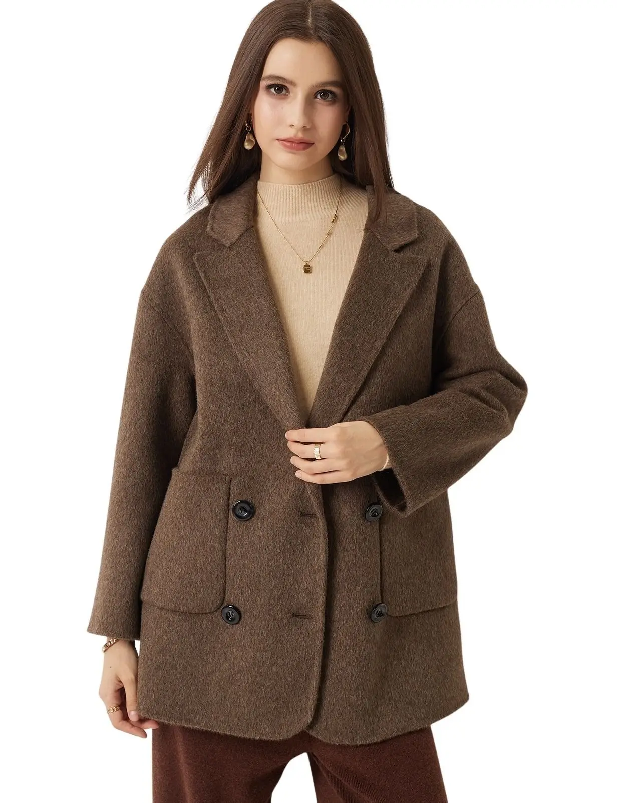 Women 100% Merino Wool Double Breasted Short Coat Warm Soft Wool Jacket Winter Fall Elegant Woolen Overcoat Classic Wool Coat