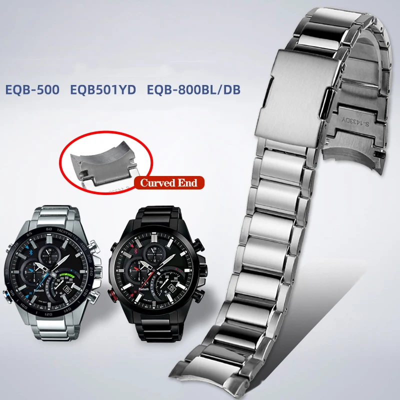 Solid Curved End Steel Watchband For Casio EDIFICE Series Strap EQB-501 EQB-800 Arc Mouth Precision Steel Watch Chain Men 22mm