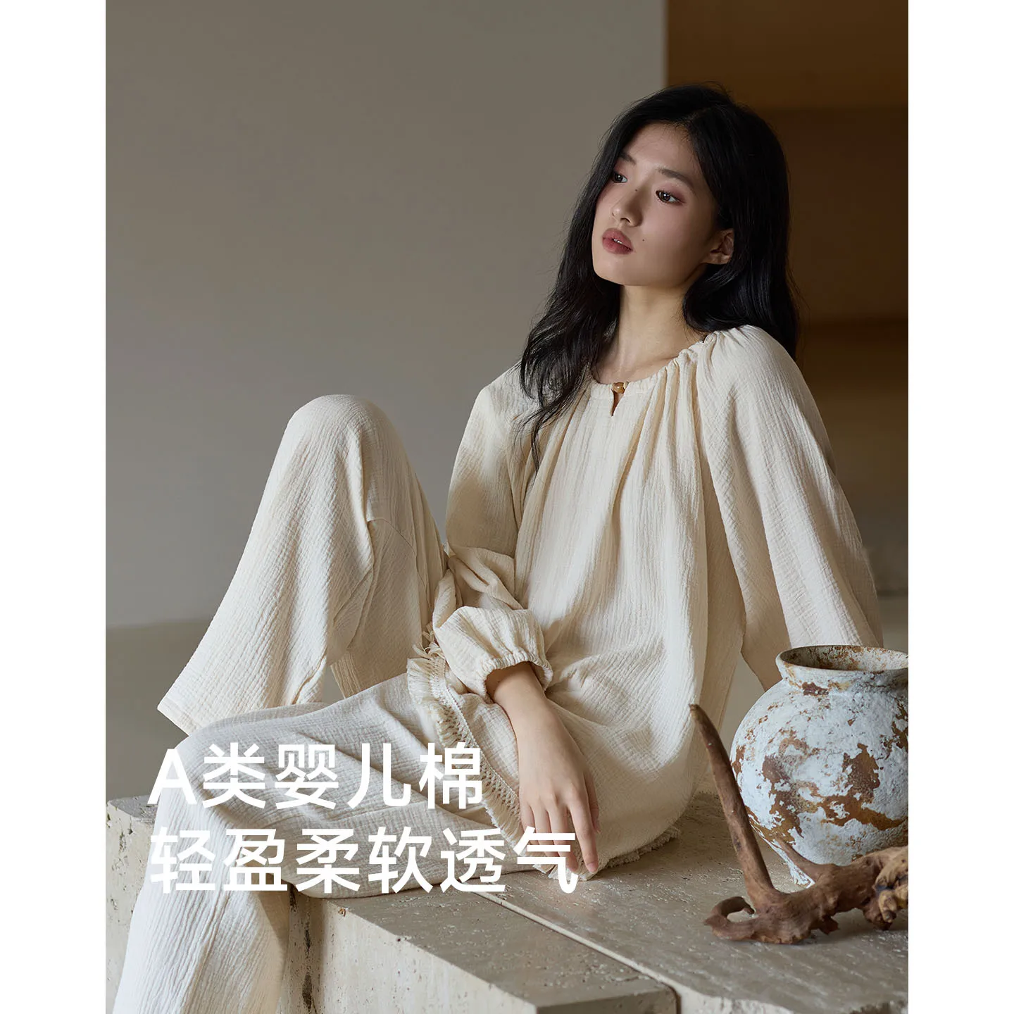 Women's plus Size A-Class Baby Cotton Pajamas Long Sleeved 2-Layer Yarn Spring Autumn Simple Palace Style Comfortable Sleepwear