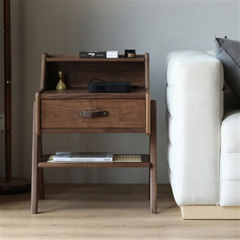 Nordic all solid wood bedroom bedside table black walnut double sofa side cabinet