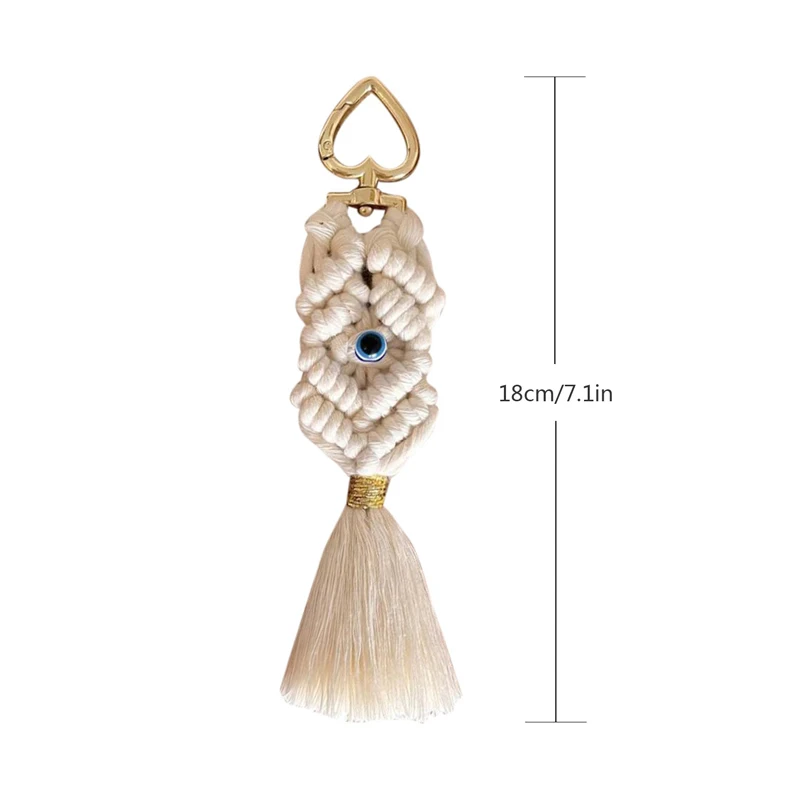 Boho Chic Handmade Woven White Macrame Blue Evil Eye Keychain Handwoven Tassel Keychain Perfect for Car Keys Wallets Bags