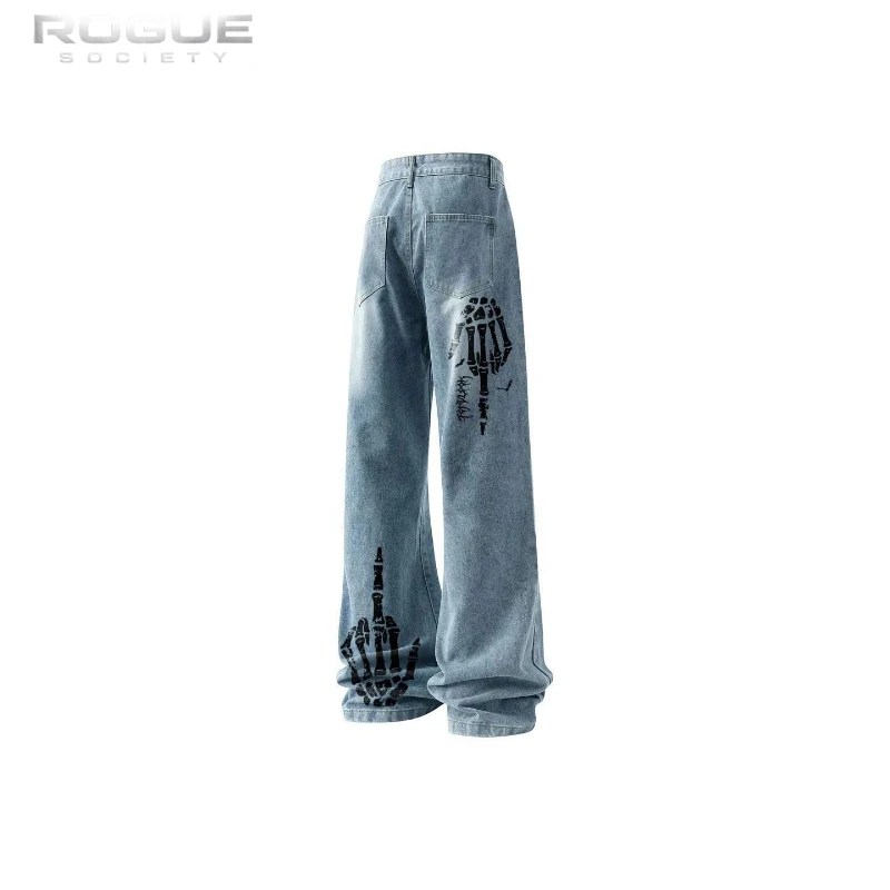 American Retro Grunge Skeleton Print Flare Jeans Unisex Y2k High Waist Washed Distressed Denim Pants Vintage Streetwear Harajuku view 3