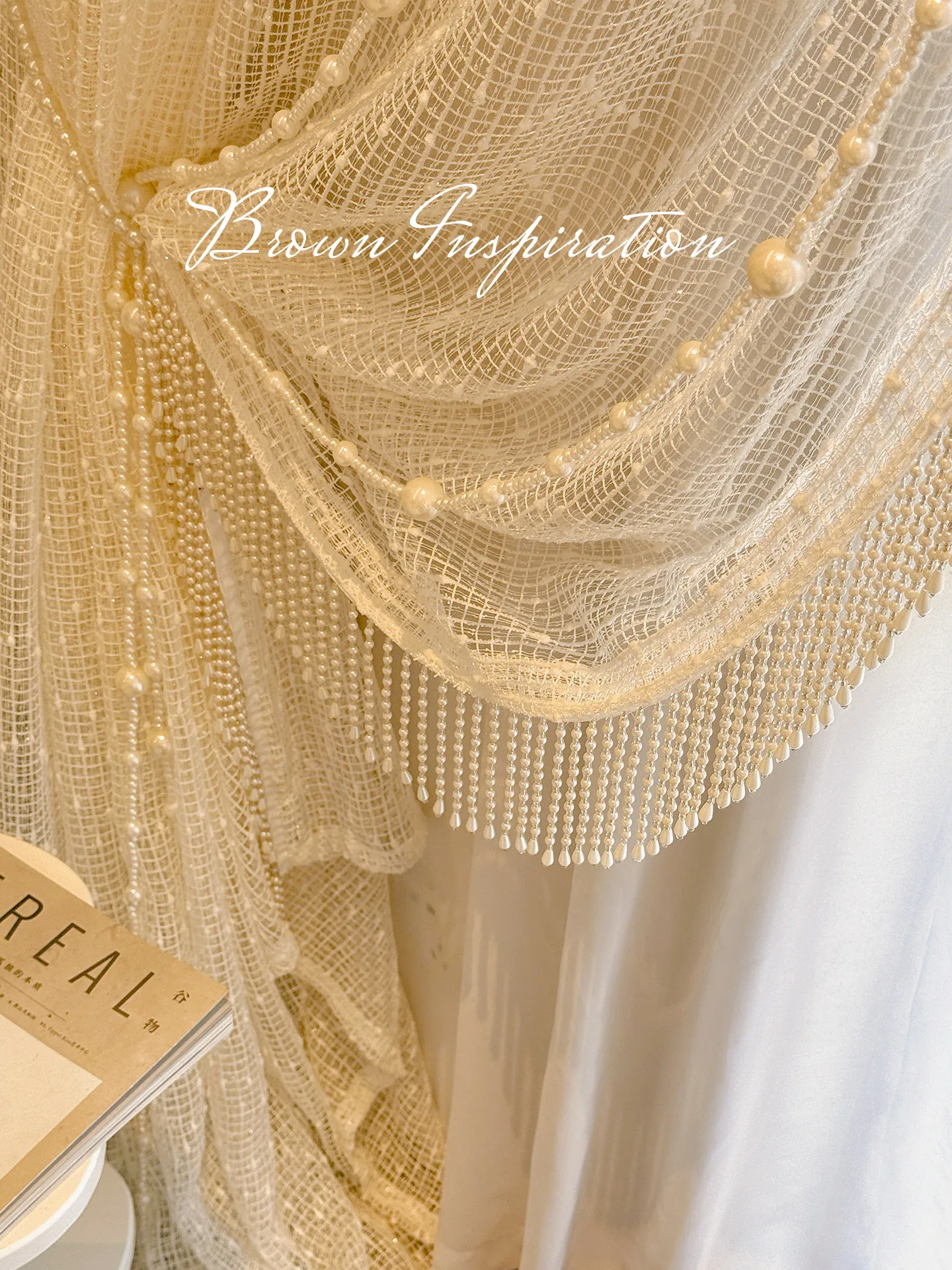 French Romantic Light Luxury White Exquisite Pearls with Fine Sparkle and Luster Dreamy Girl Heart Custom Size Gauze Curtain