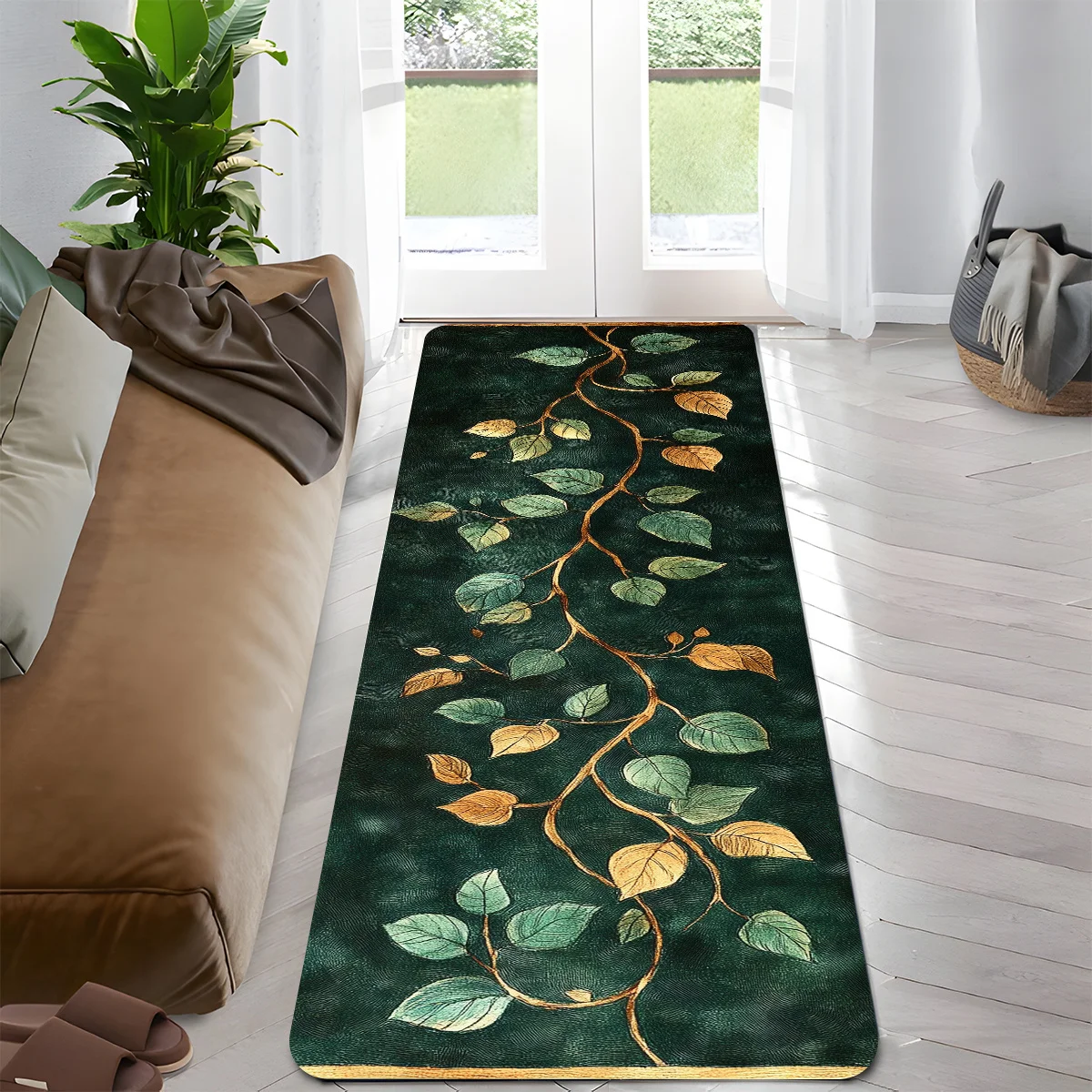 Oil Painting Gold Branch Runner Mat Anti Slip Washable Dark Green Leaf Plant Decor Rug for Kitchen Bedroom Hall Bathroom Laundry