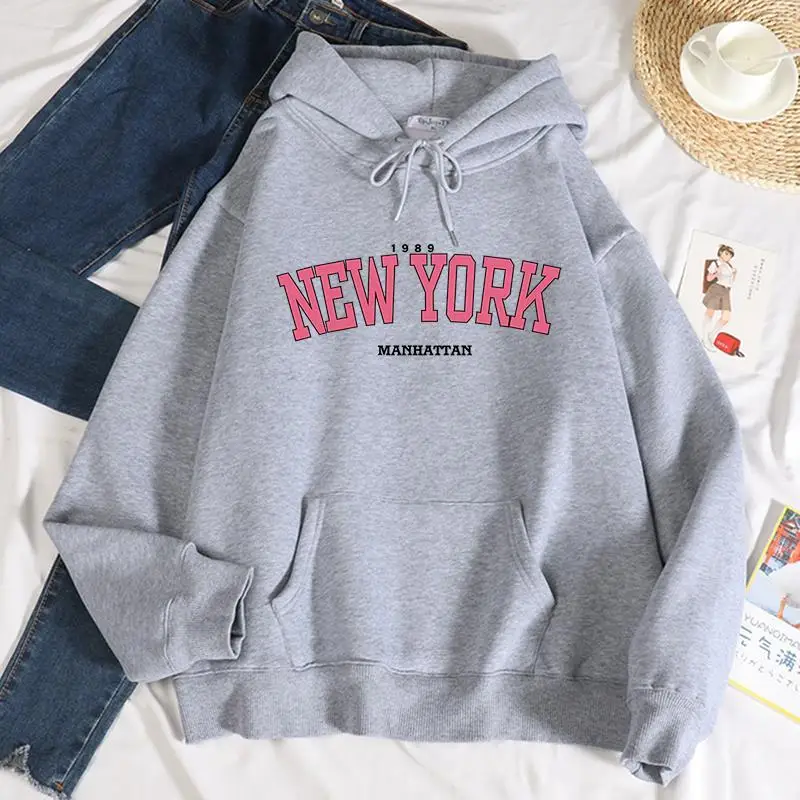 New York Pink Printed Women\'S Hoodie Fashion Versatile Sweatshirts Unisex Drawstring Hoodies Streetwear Comfortable Clothing