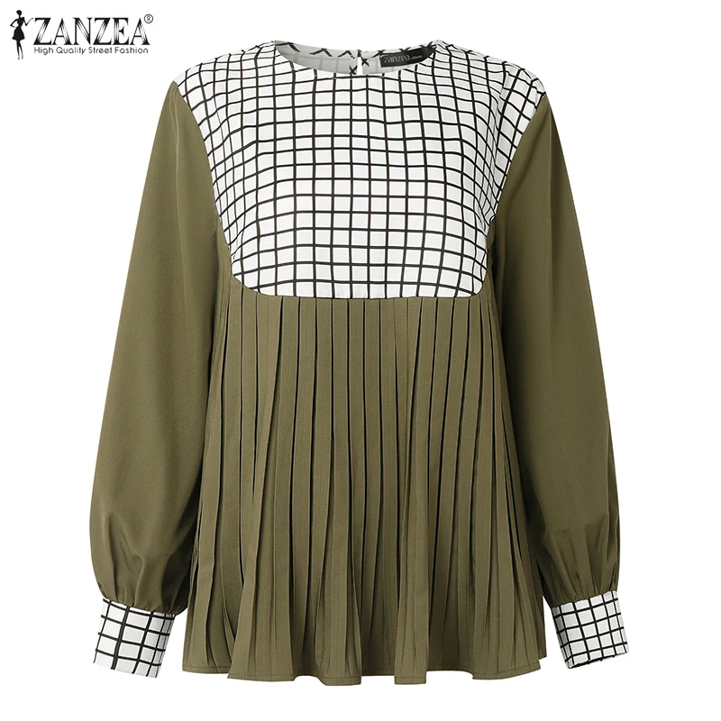 2026ZANZEA Frauen O Hals Langarm Tops Herbst Bluse Frühling Elegante Gefaltete Arbeit Hemd Patchwork Blusas Mujer Pullover Femme