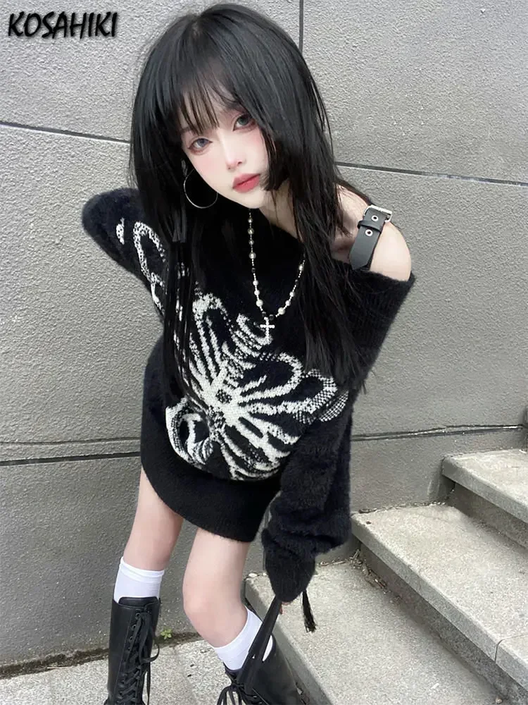 

2025 misa hot sale Grunge Sweater Fashion Streetwear Y2k Aesthetic Blackpullover Skull Print Gothc Women Jumper Harajuku Loose K