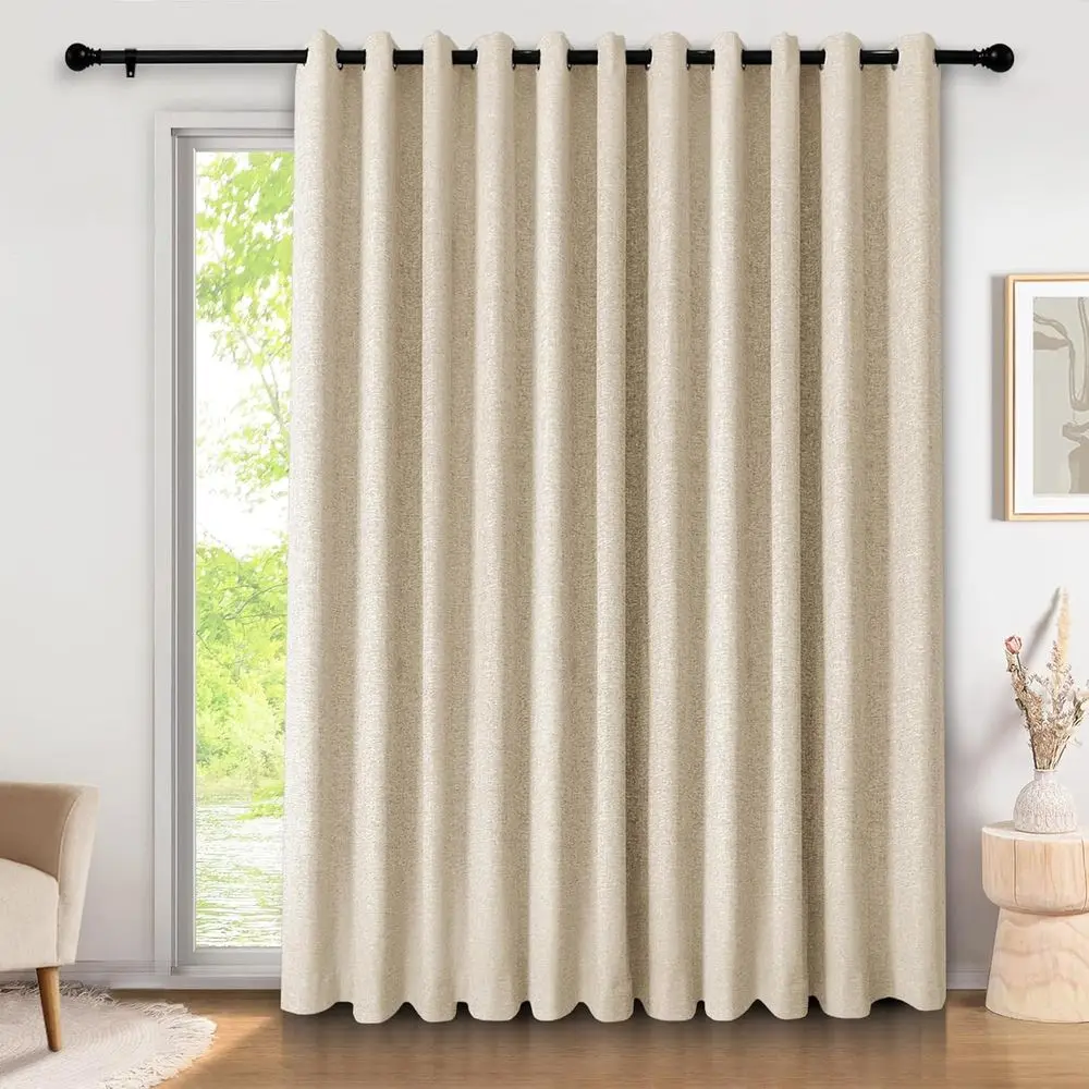 

200 Wide Grommet Top Linen Curtains - 100% Blackout Privacy Panels for Sliding Glass Doors, 1 Panel, Sand Beige