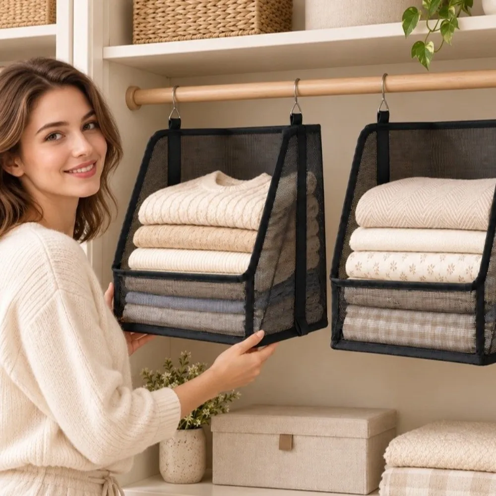 Plastic Mesh Hanging Storage Basket Open Front Stackable Hanging Mesh Organizer Detachable Plastic Mesh Storage Bin Wardrobe