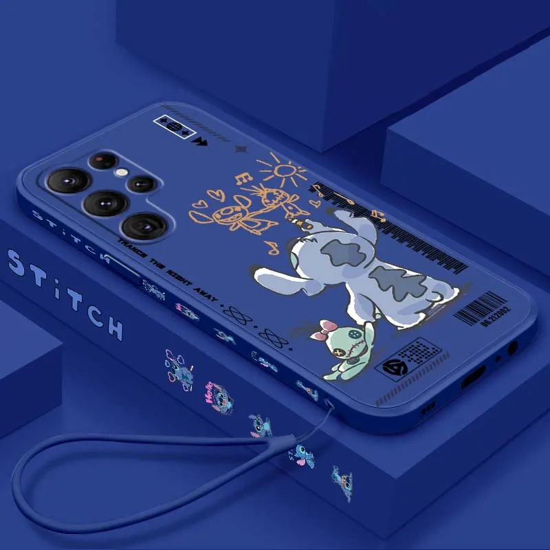 

Disney Stitch Cute Cartoon Phone Case For Samsung Galaxy S25 S24 S23 S22 S21 S20 Ultra Plus FE 5G Liquid Left Rope Cover