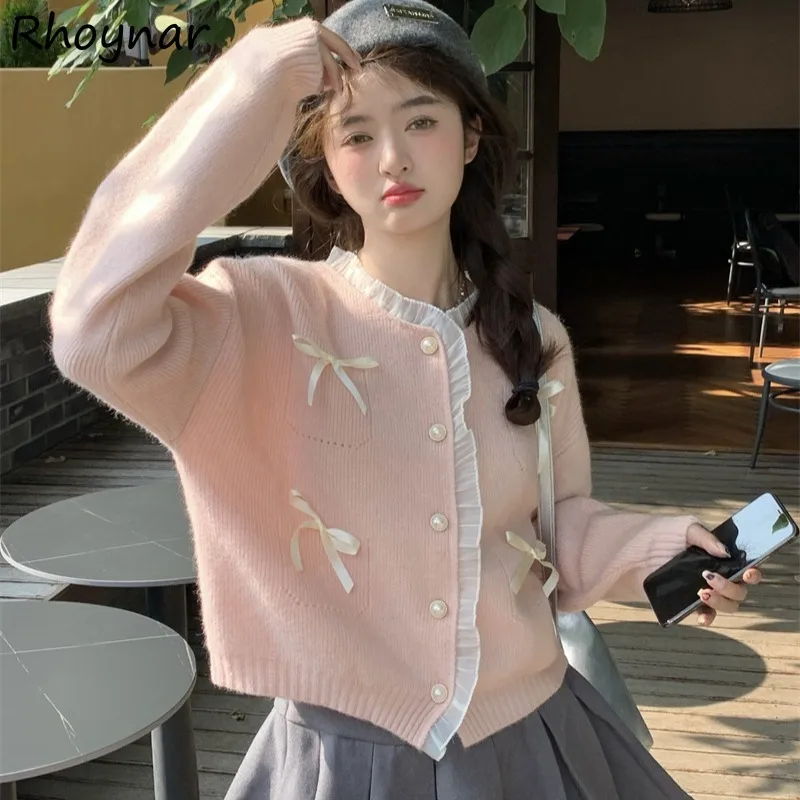 

Cardigans Women Autumn Sweet Sweater Patchwork Fungus Single Breasted Bow All-match Baggy Crop Tops Attractive Korean Fashion