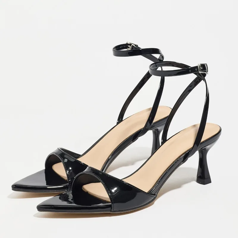 

2026 Women's Sandals Kitten Heel Pointed Toe Thin Strap Ankle Buckle Black/Dark Brown Party Evening Footwear Q-941