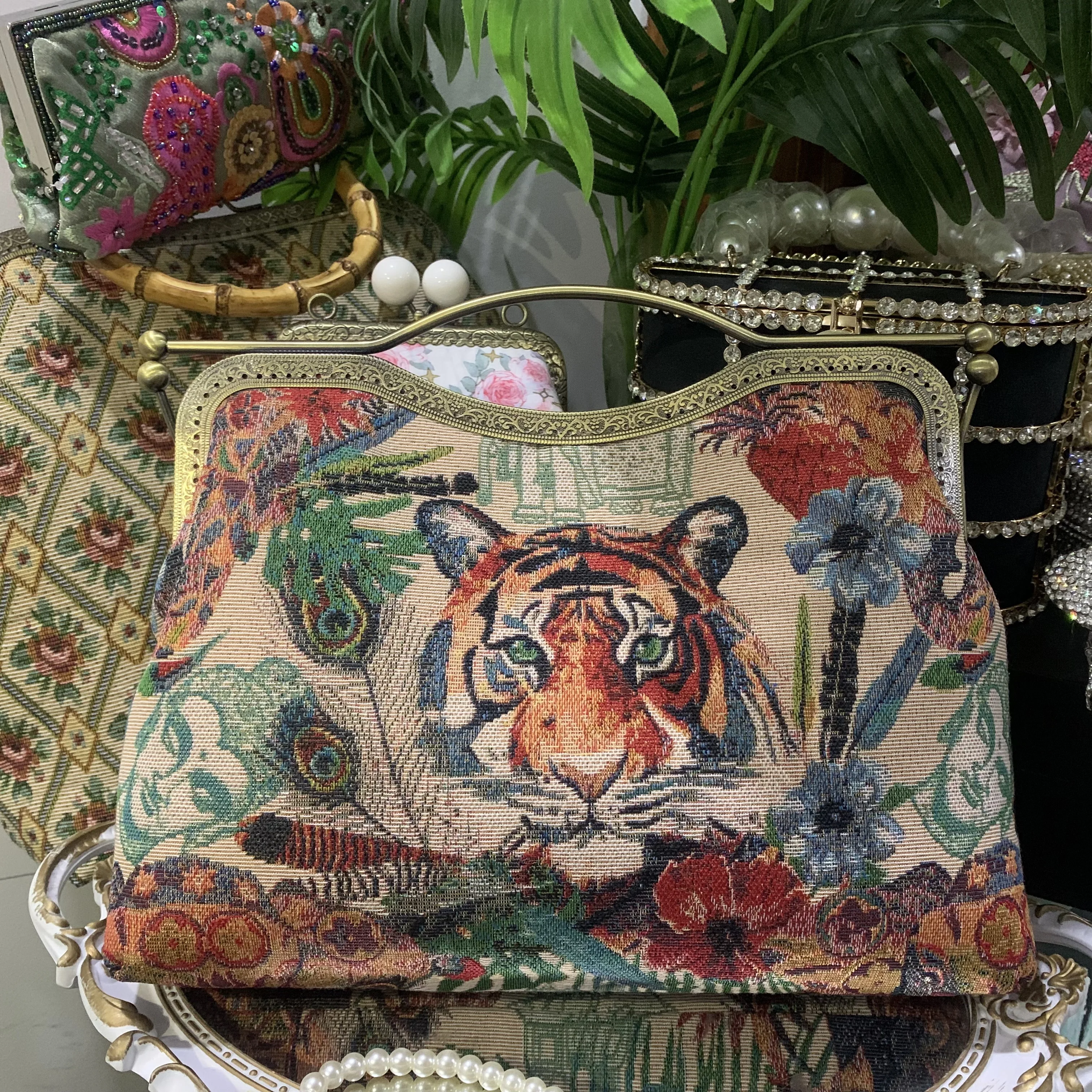 Lost in Vintage Exquisite Clutch Features  Art Tiger Anmials Tapestry Fabric that Boasts a Rich Display of Geometric