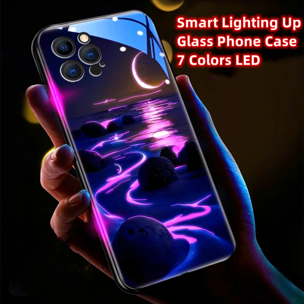 Pretty Moon Sea Beach Design Smart LED Light Glow Tempered Glass Phone Case For iPhone Air 17 16 15 14 13 12 11 Pro Max Plus