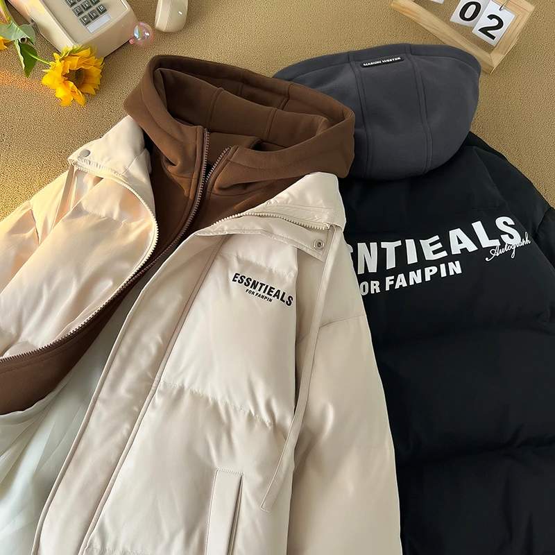 

Men's Winter Thiened Warm Loose down Cotton Jaet Fake Two-Piece Hooded Coat Youth Casual Sle Multi-ket Regular Length