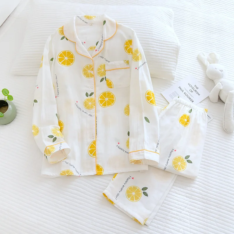 M-XXXL Size spring summer pajamas two-piece ladies 100% cotton gauze long-sleeved trousers simple flowers loose home service set