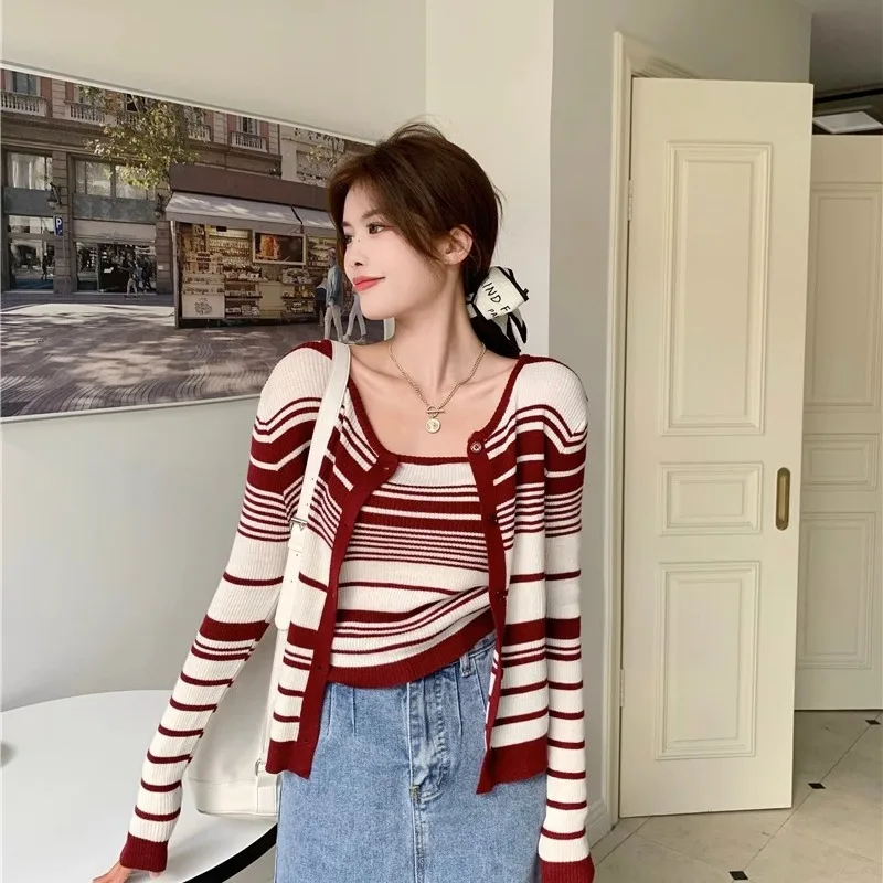 Trend Short Camisole Knitted Cardigan Two-piece Top Striped Thin Sweater Autumn New Long Sleeve Fashion Korean Women Clothing