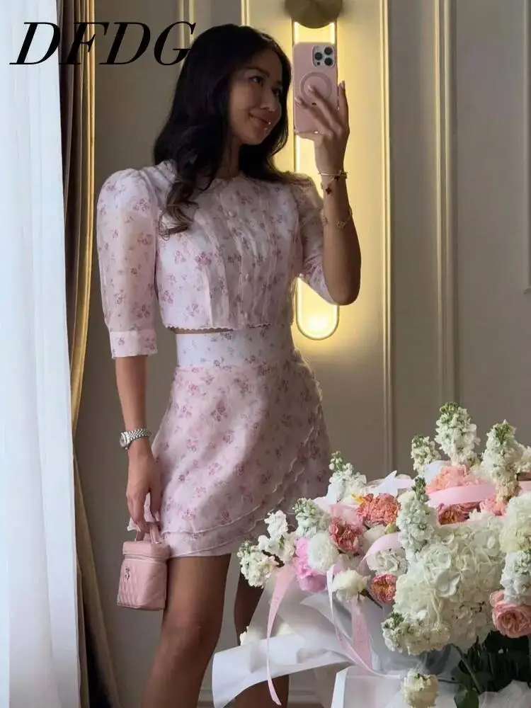 

DFDG Women 2026 Spring Summer Floral Print Two Piece Outfit Puff Sleeve Cropped Top High Waist Mini Skirt Elegant Party Set