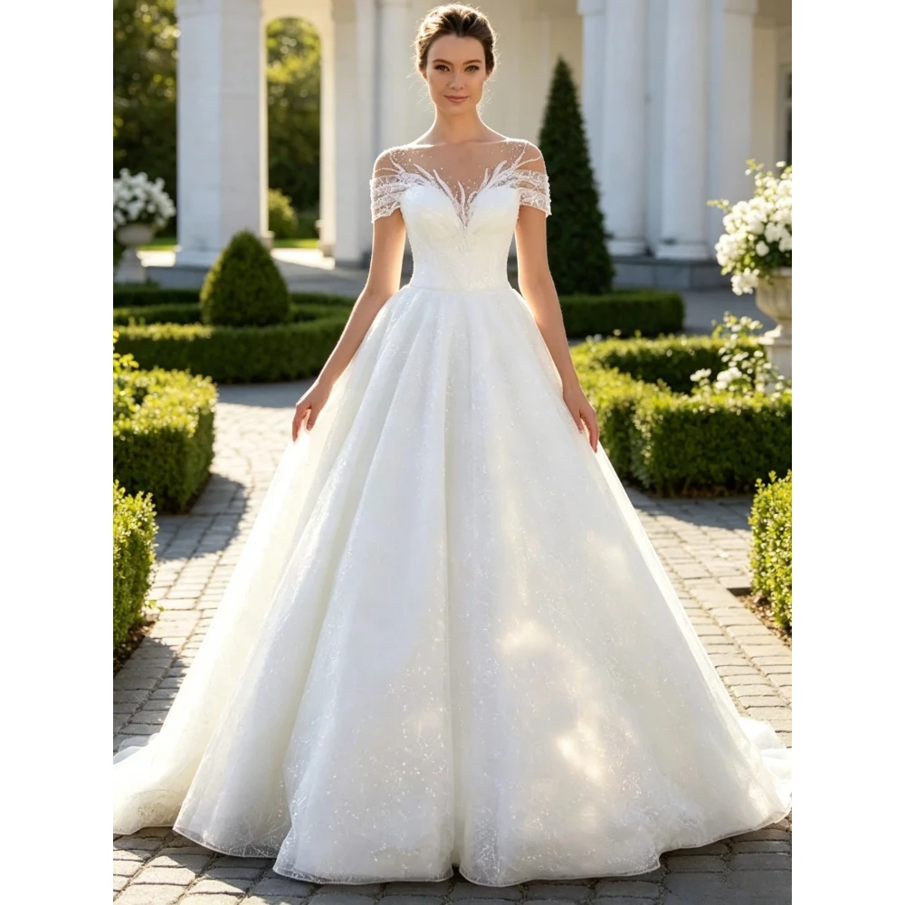 Customized Off Shoulder V-neck Lace Wedding Dress New Garden Decal Sequin Sheer A-line Long Bridal Gown with Pearls At The Back