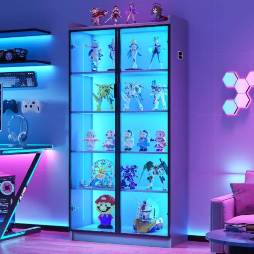 Lighted Display Cabinet with 5 Tier Adjustable Shelves & Auto Sensor - Grey | 3 Dimmable Lights; Adjustable Brightness