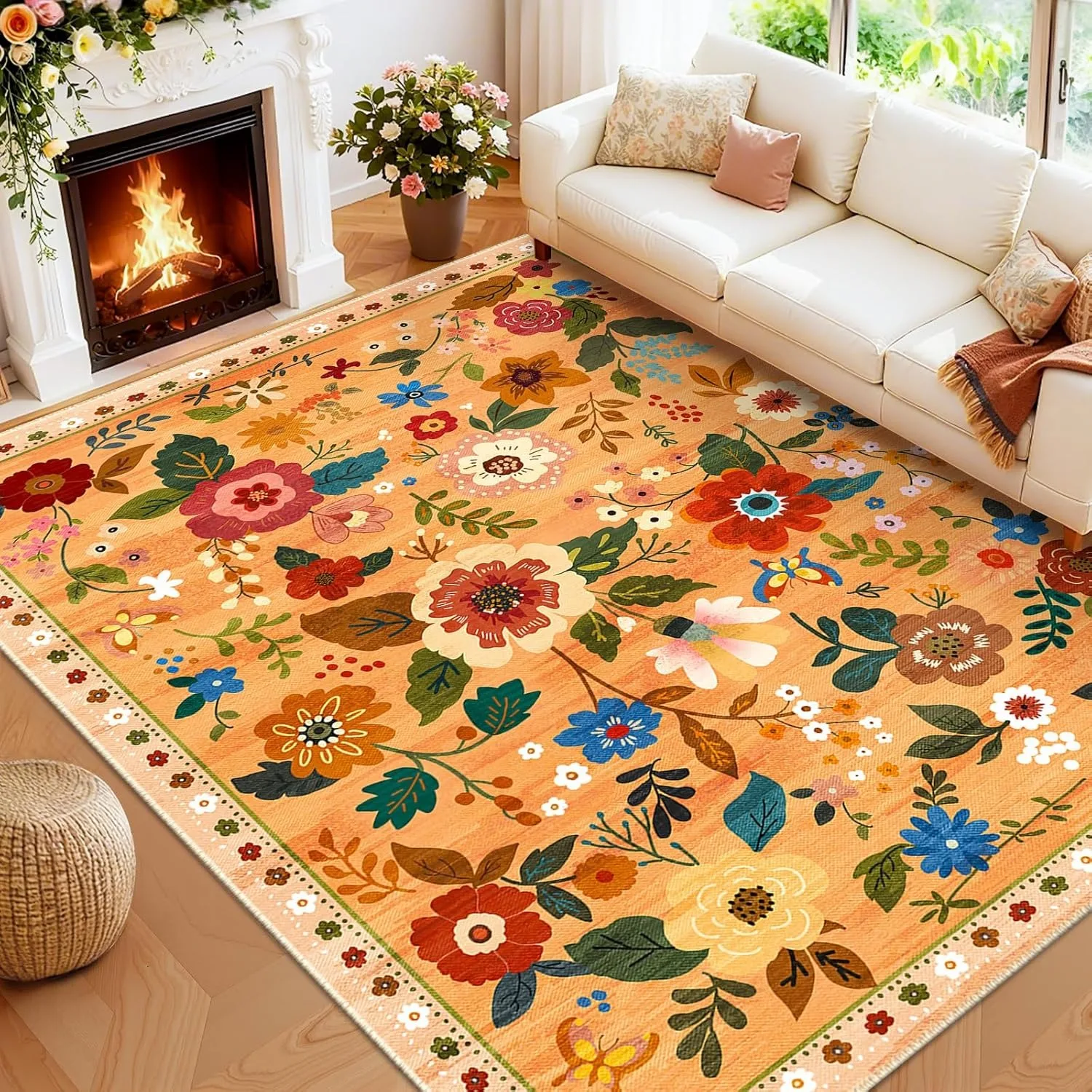 

Bohemian Floral Carpet, Living Room Coffee Table Carpet, Floor Mat, Washed Non Slip Entrance Door Mat Rugs for Bedroom
