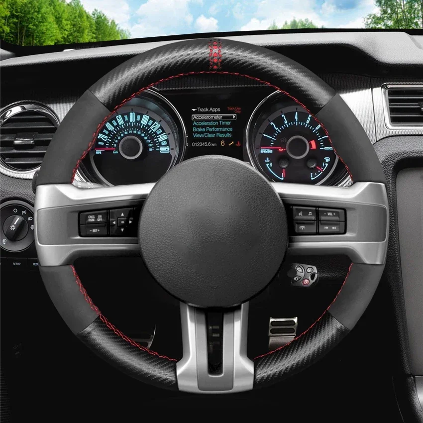 Black Faux Carbon Suede Hand-stitched No-slip Soft Car Steering Wheel Cover Braid For Ford Mustang 2009 2010 2011 2012 2013 2014