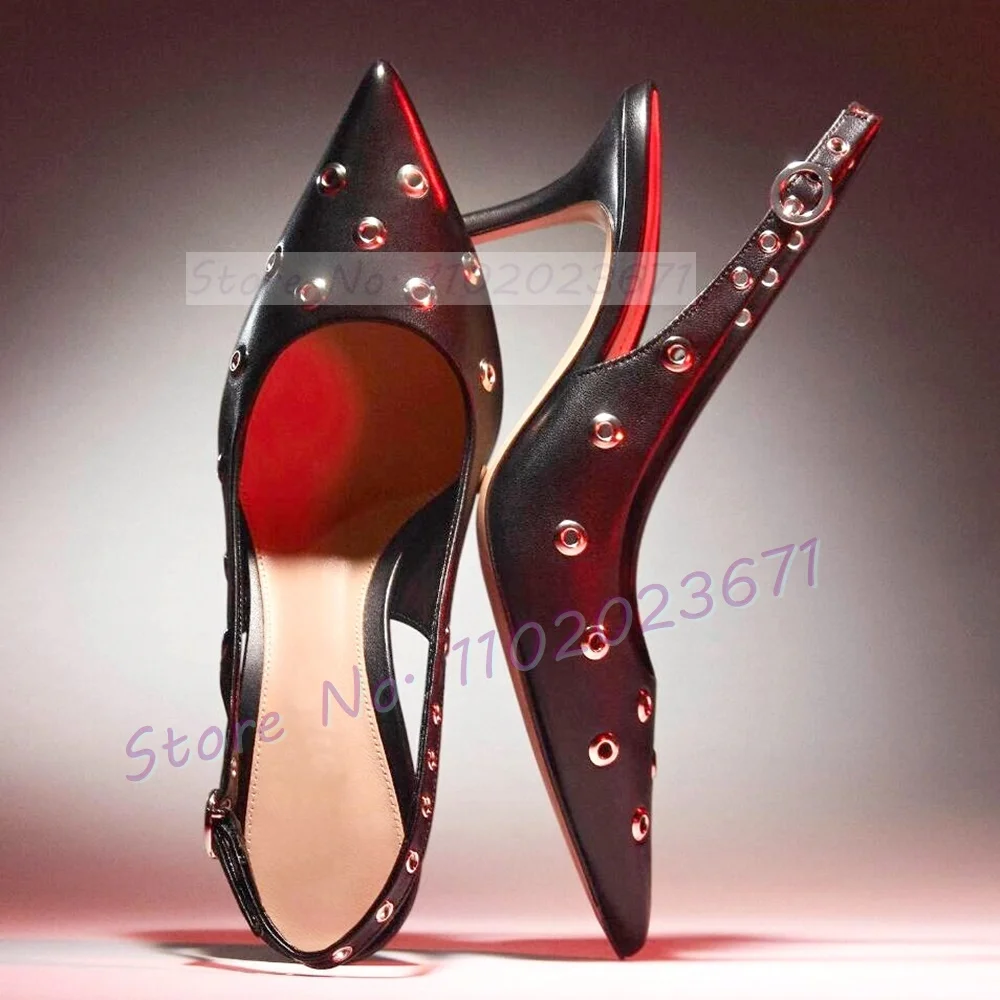 Sexy Metal Eyelets Slingback Sandals Women Cool Black Pointy Toe Summer Shoes Female High Heels Elegant Party Casual Sandals