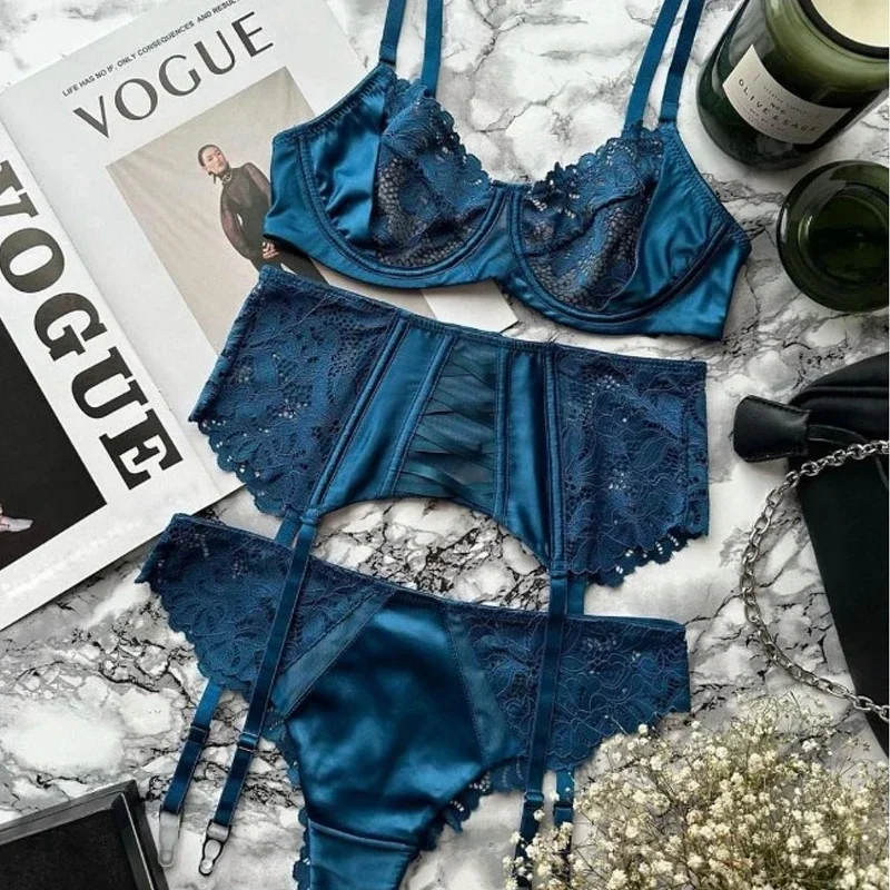 Tornova 3 Piece Set Sexy Underwear Set For Women Mesh See-Through Lace Thin Sling Bra Set With Girdle Sexy Lingerie Suit New