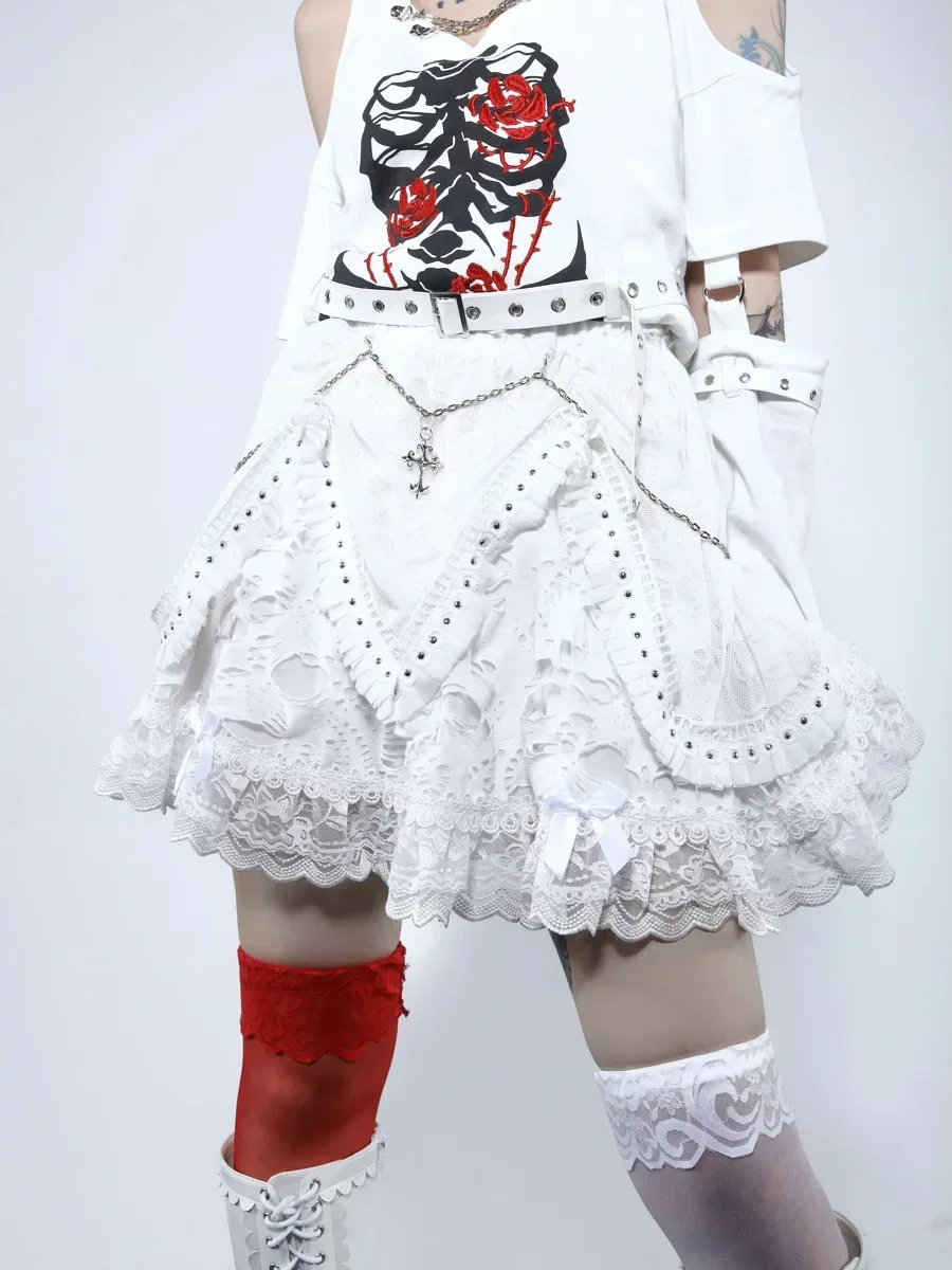 Blood Supply Harajuku Mini Cake Skirt White Gothic Summer Ball Gown Lace Patch Cross Halloween Punk Kawaii Cute Skirts