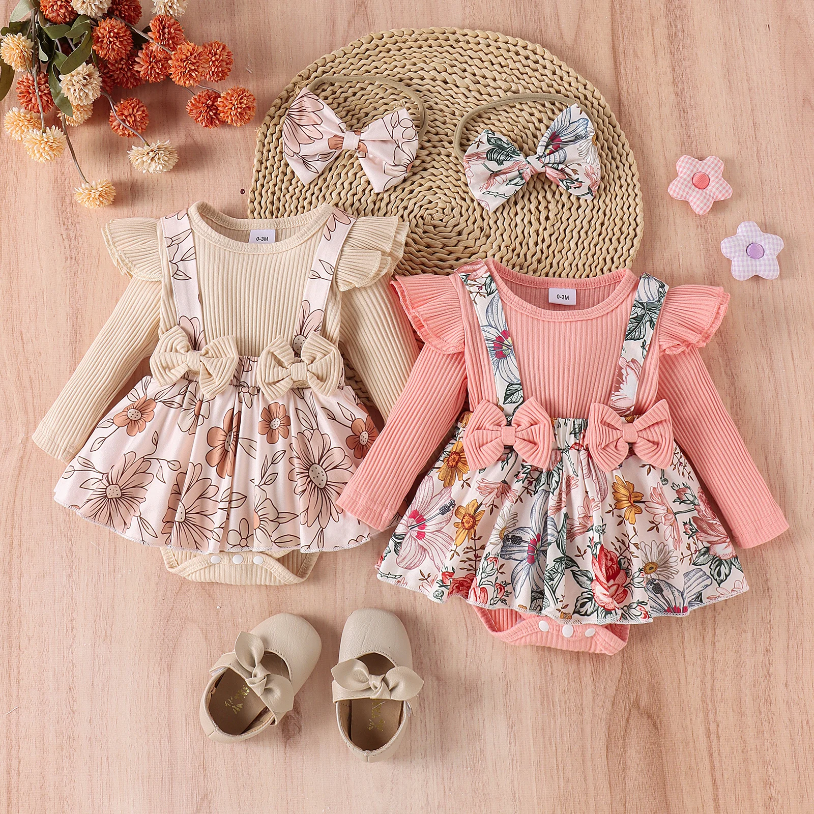 

2PCS Autumn 0-1 Year Old Girl Baby Comfortable Sweet And Lovely Pit Strip Long-Sleeved One-Piece Skirt + Hair Band