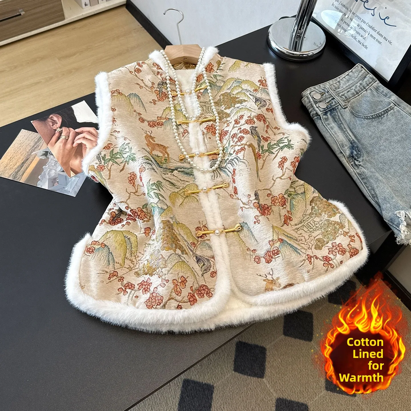 

Новый китайский жилет в стиле Ханьфу с вышивкой, из плотного хлопка, с воротником-стойкой, улучшенный этнический стиль, модный традиционный женский костюм