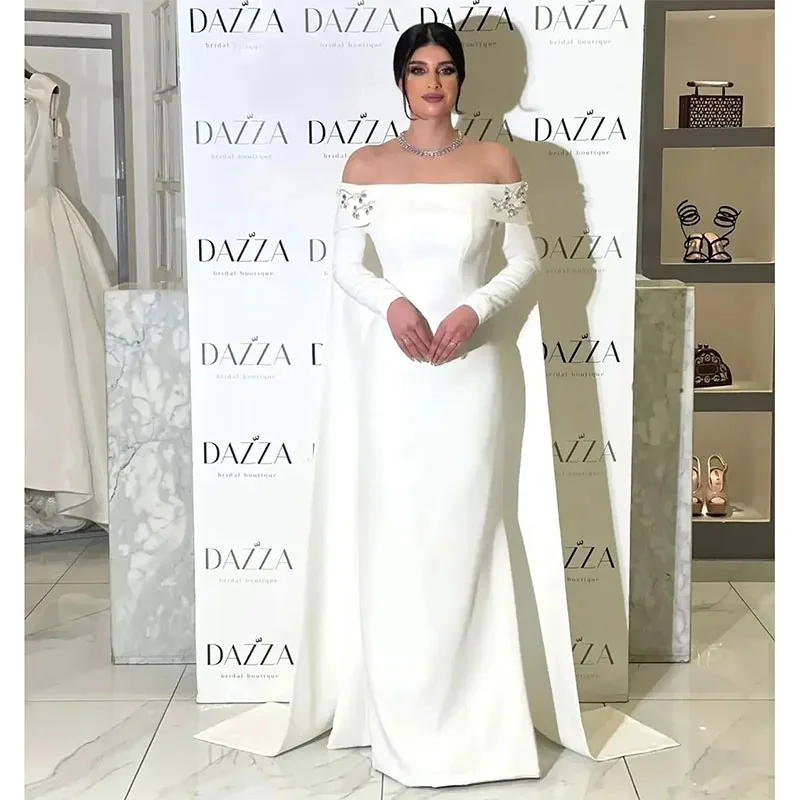 

White Prom Birthday Dress Fashion Off the Shoulder Pearls Crystal Beading Evening Formal Gown Celebrity Wear Robe De Soiree