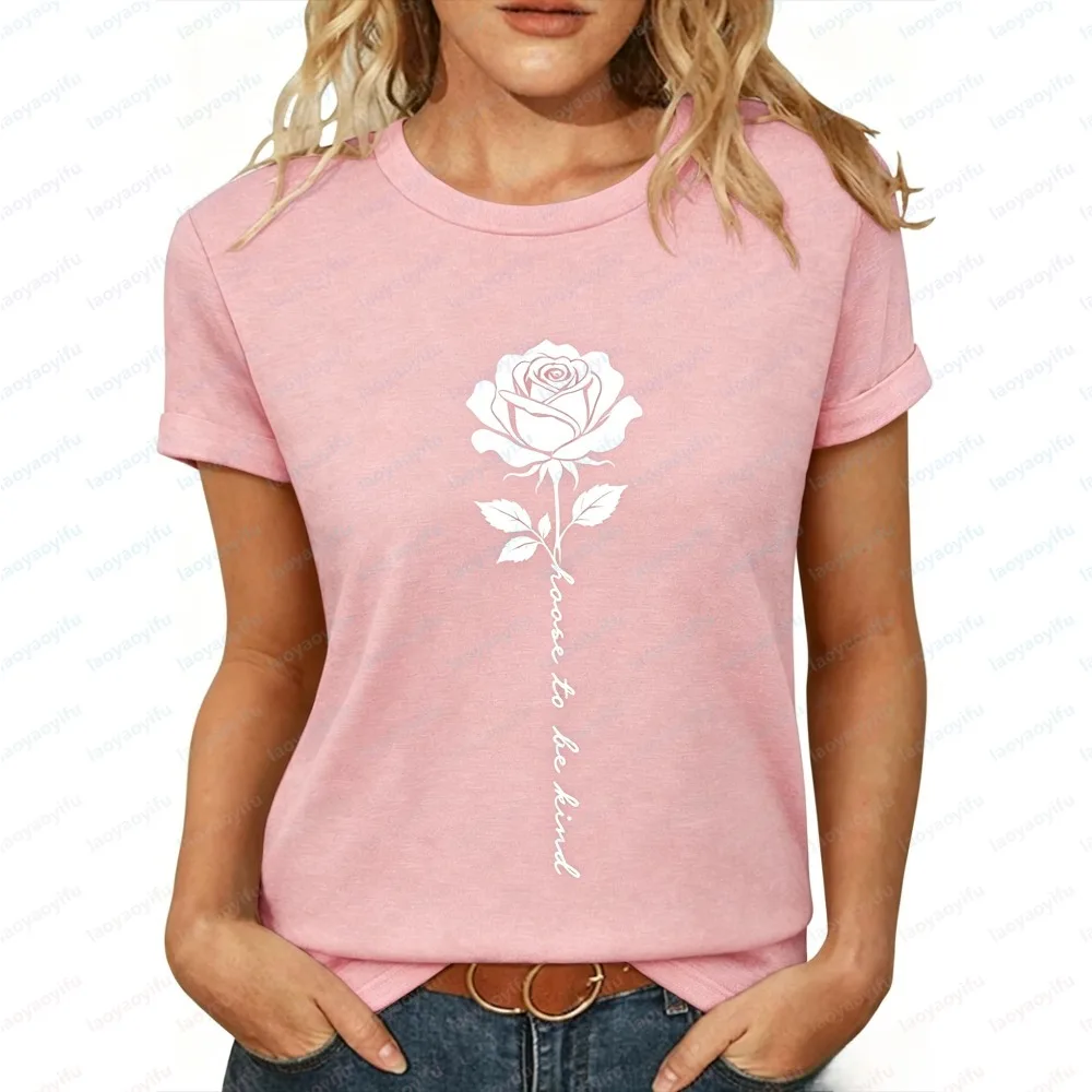 Fashion Women Summer Short Sleeve T-Shirt Choose To Be Kind Rose Print, Casual Round Neck Cotton Tee Daily Wear Tops For Ladies