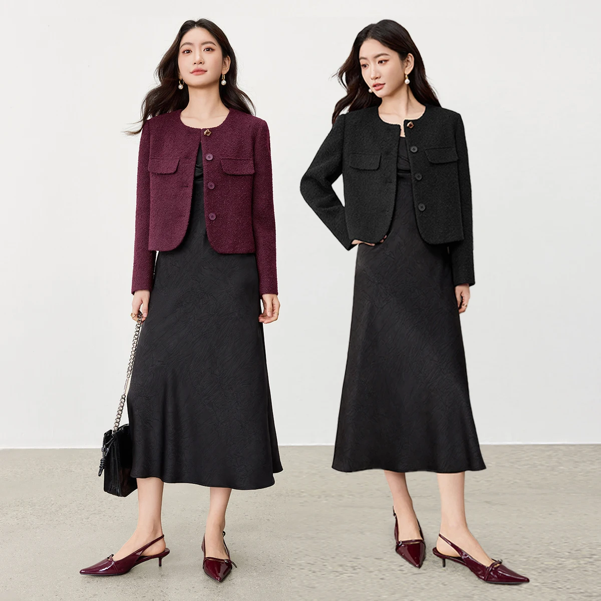 SENTUBILA Women's Elegant Commuter Short Coat Autumn 2025 New Wool Blend O-Neck Metal Buckle Long Sleeve Office Top 153WA2086