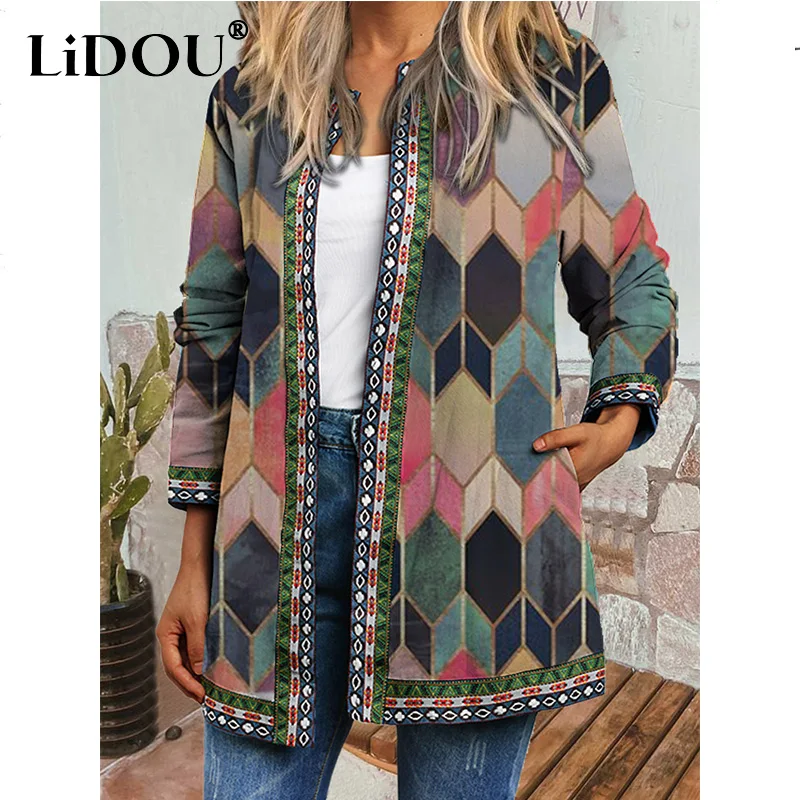 Y2K Spring Autumn Vintage Ethnic Style Cardigan Long Sleeve Printed Jackets Loose Outerwear Ladies Coat Harajuku Tops Women