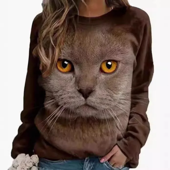 Spring and Autumn European and American new round neck women\'s top 3D printed hooded T-shirt long sleeved animal cat hoodie