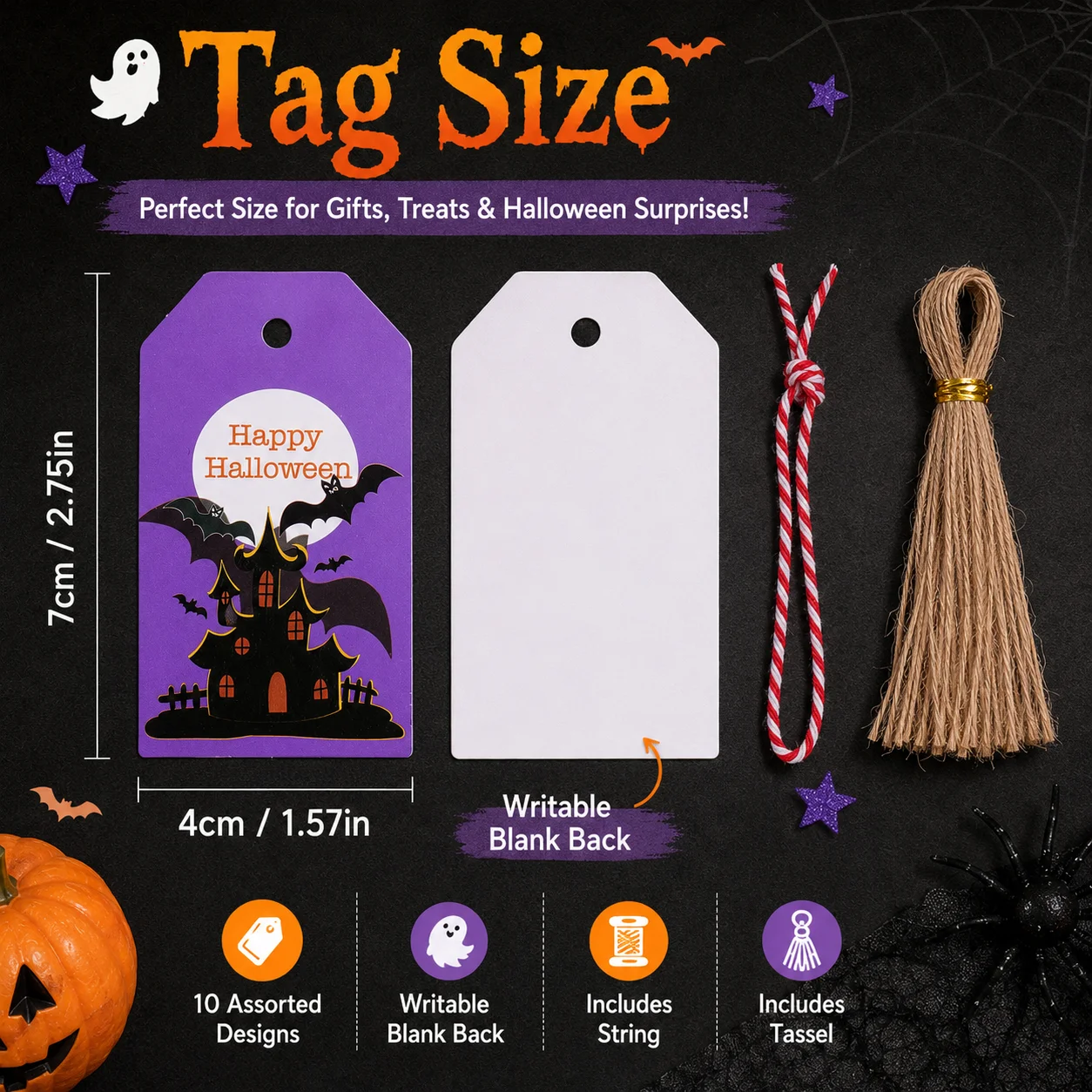 50pcs Vintage Halloween Pattern Gift Box Tags, 10 Different Pattern Designs, Perfect for Party Gift Wrapping and Box Decorations