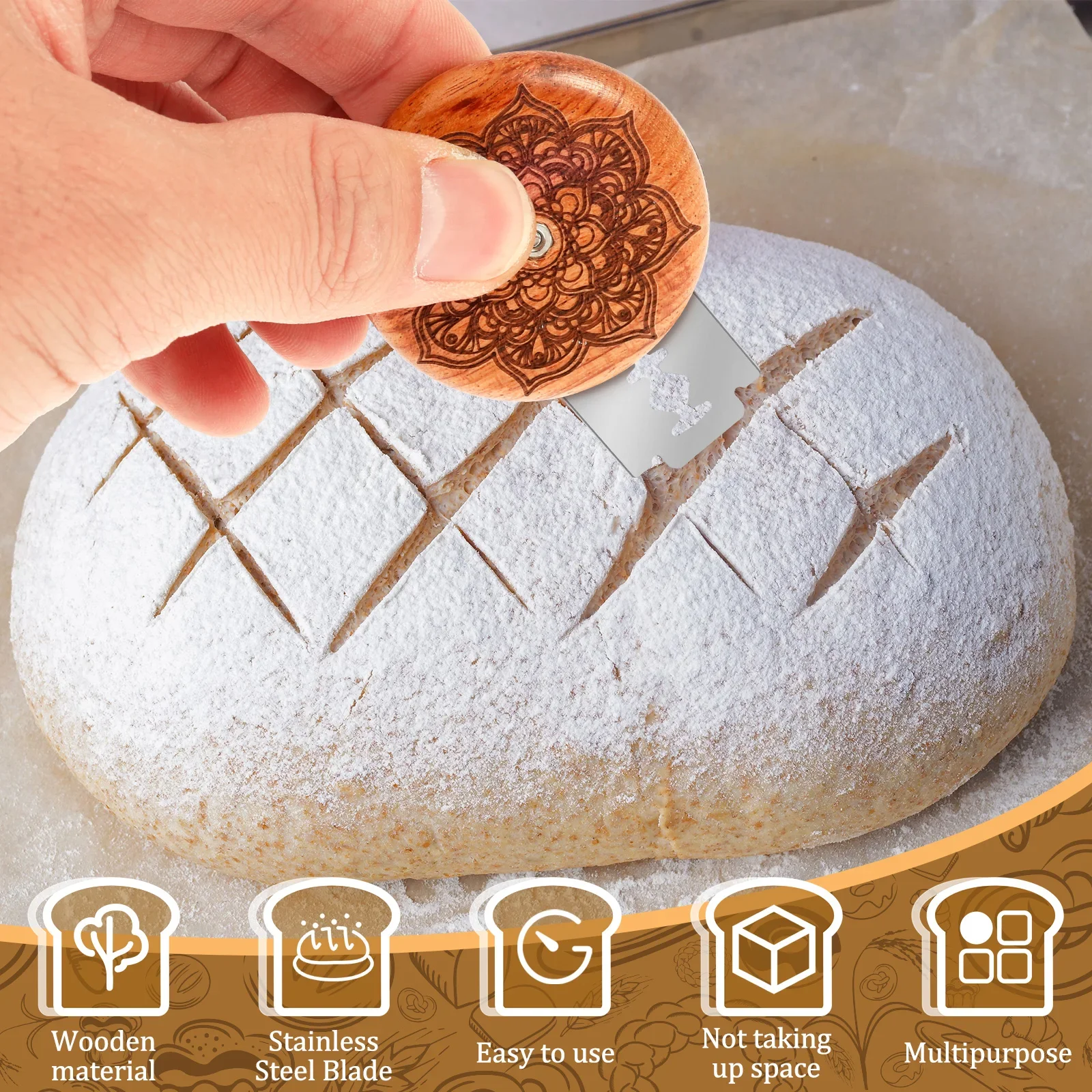 Wood Bread Lame Dough Scoring Tool Retractable Round Bread Dough Scorer with 10 Replac Blade Sourdough Scorer Baking Accessories