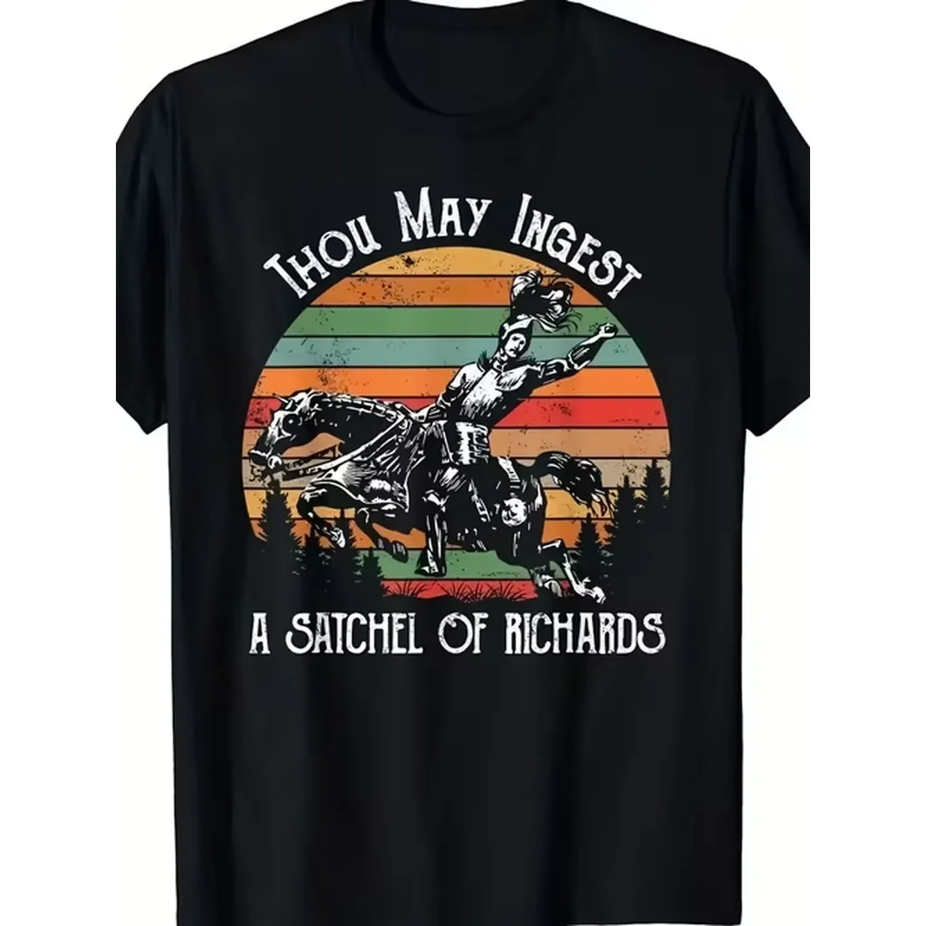 Retro Sunset Graphic Tee Black T Featuring Whimsical Horse Rider Silhouette And Text Design With May And A Adventure Inspired Vintage Style Top For Fun Seaside Or Relaxing Evenings Statement Piece Of Clothing