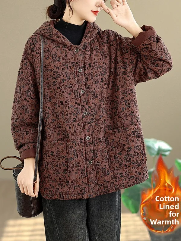 

Vintage Large Size Cotton Jaet Women's Autumn Winter Casual Print Warm Coat Loose Fit Regular Length Single Button Closure