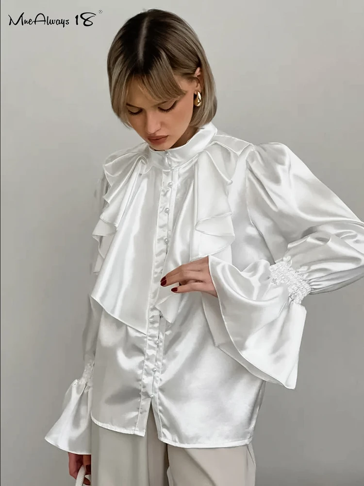 Mnealways18 White Satin Ruffled Shirts Women\'s Flare Sleeves Ruched Strand Collar Blouses And Tops Office Ladies Black Fall 2024