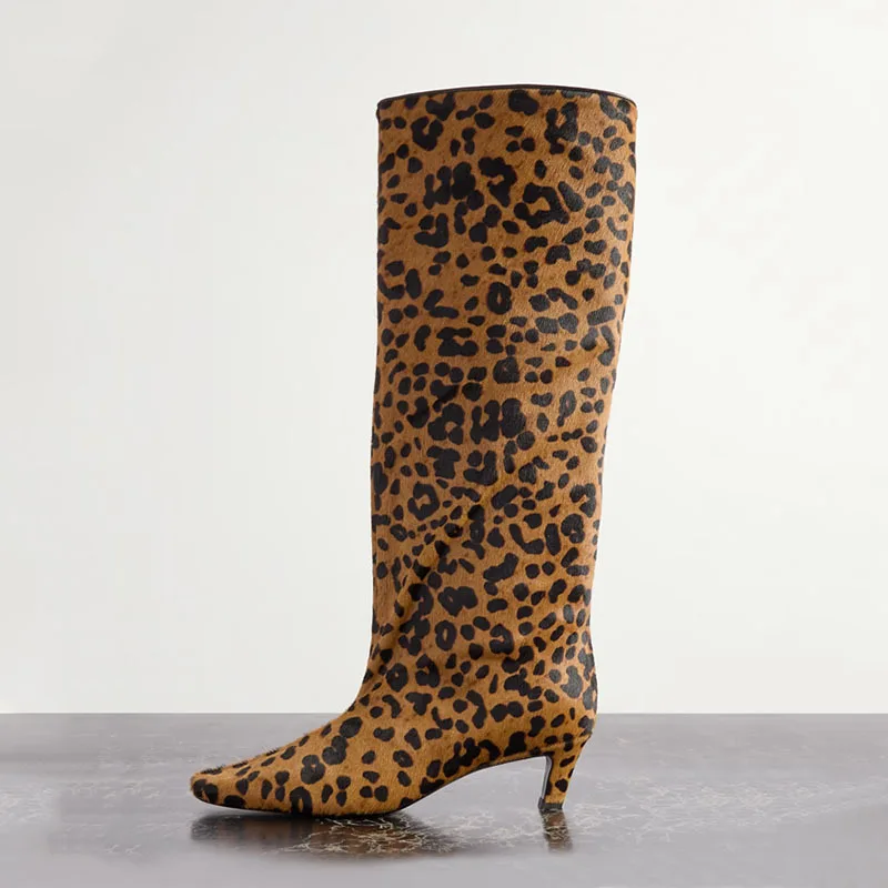 

Arden Furtado 2024 Winter Leopard print Knee high boots Square-head Pull-on Middle heel Horsehair Modern boots Large size boots