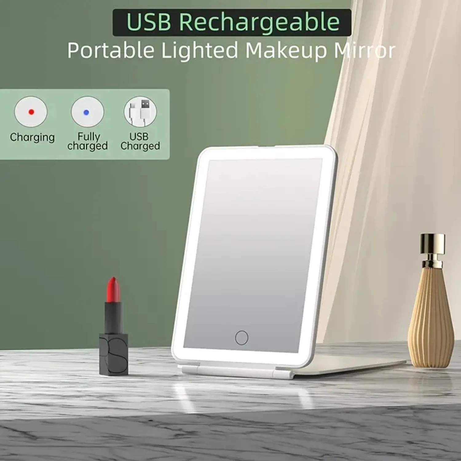 Essential Beauty Kompakter tragbarer kleiner weißer Make-up-Kosmetikspiegel – leichter, faltbarer, wiederaufladbarer LED-Kosmetikspiegel mit