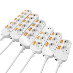 Power Strip EU Plug Socket 3/4/5/6AC Outputs with USB Socket Individual Switch Overload Protection Electrical Extension Sockets