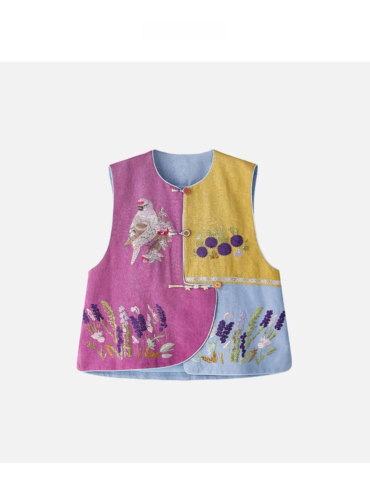 

Новая женская весенняя модная жилетка JINGJING2025 из льна и лиоцелла с 3D-текстурой, вышивкой и пэчворком, модель «Цветочная тиара, золотой перекой и нефрит»