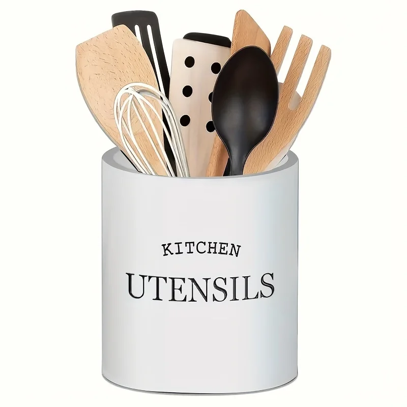 Rustic Black Wooden Kitchen Utensil Holder - Countertop Organizer For Cooking Tools, Big Size 5*6 inch, Flatware & More - Perfec