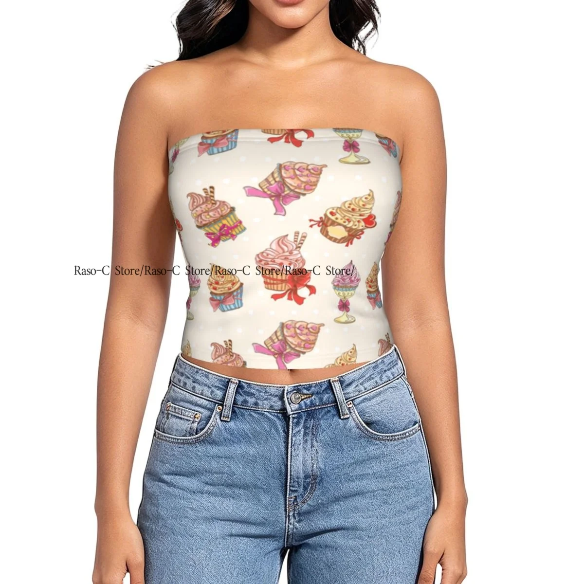 Women strapless blouses sleeveless Different Sweet Cupcakes Illustration halter-neck sexy short-sleeved blouses