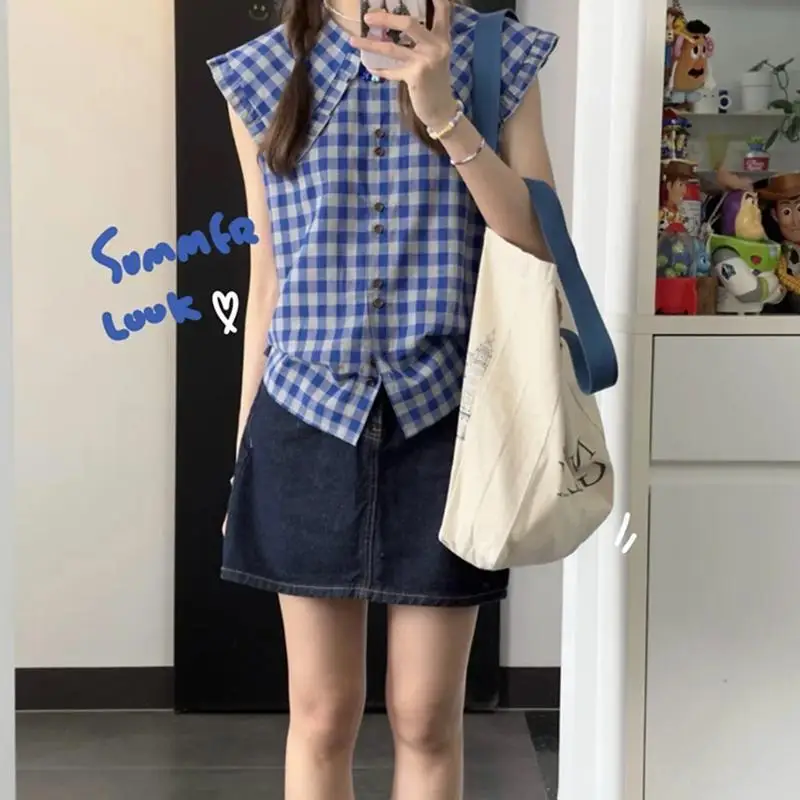 Korean Version Sweet Plaid Ruffle Edge Shirt Vest for Women\'s 2024 Summer New Gentle Age Reducing Slimming Outerwear Casual Top