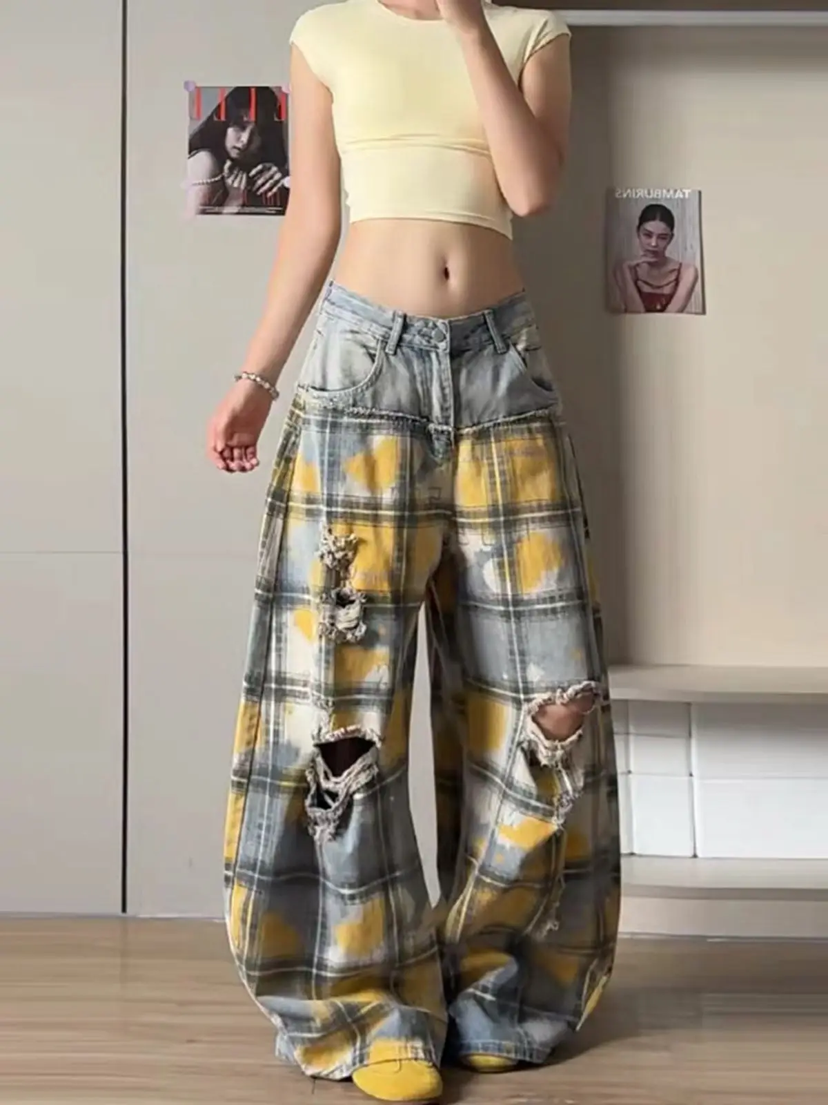 Washed Distressed Patchwork Plaid Curved Barrel Wide Leg Jeans Women Autumn Loose Streetwear Denim Pants