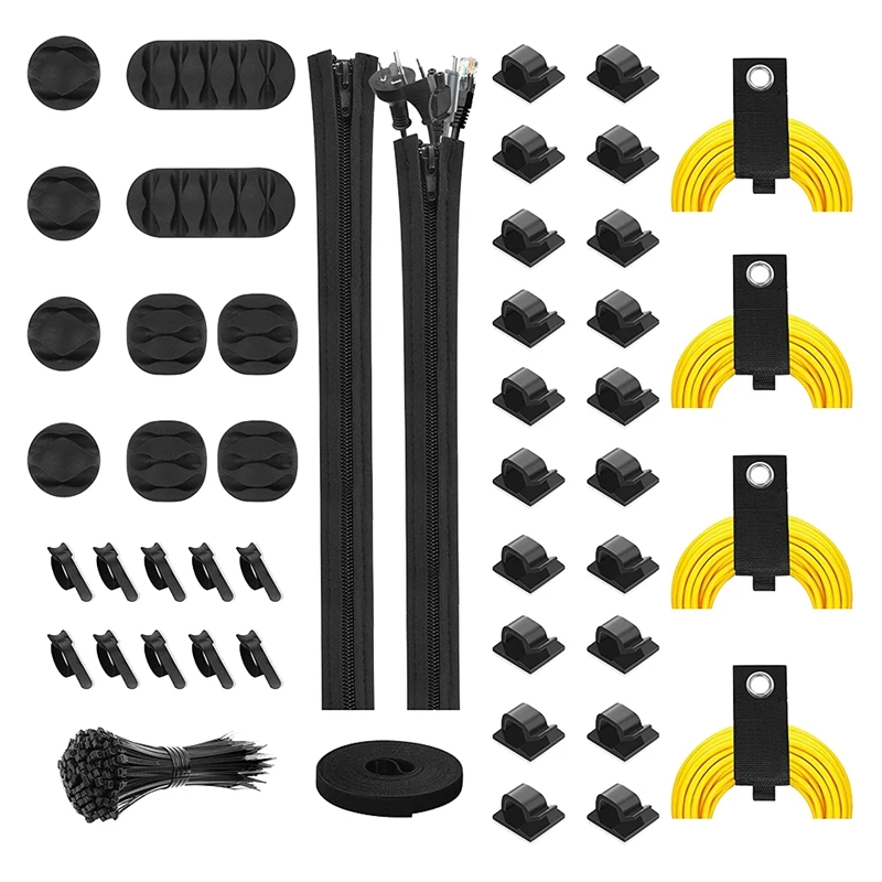 RISE-147 Pcs Cable Management Cord Organizer Kit,Cable Zip Ties Self Adhesive Clips Extension Cord Organizer,Cable Straps